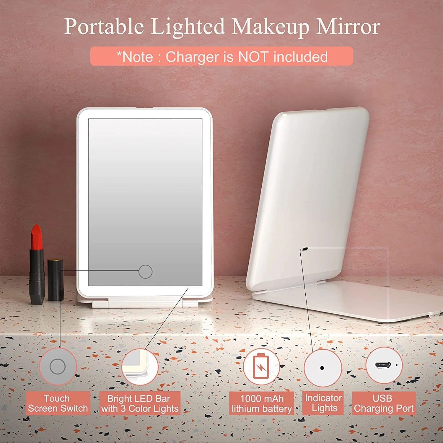 LED Folding Travel Makeup Mirror 3 Colors Light Modes USB Rechargeable Touch Screen Portable Tabletop Cosmetic Mirror Beauty World Shop