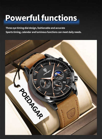 POEDAGAR Original Military Men Clock Waterproof Luminous Leather Quartz Man Watch Chronograph Date Luxury Business Men's Watches Beauty World Shop