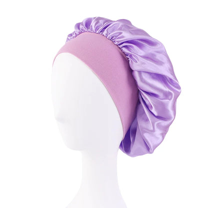 New Women's Satin Solid Wide-brimmed Sleeping Hat Unisex Head Wrap Elastic Band Cap Hair Care Bonnet Night Hat bonnet de nuit Beauty Fashion