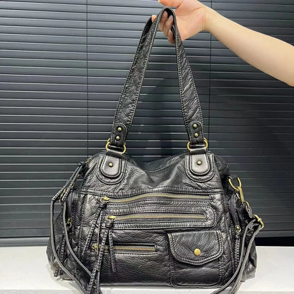 Y2K Hot Girl Single Shoulder Crossbody Bag Vintage Washed Leather Motorcycle Bag Large Capacity Multi Pocket Bag Beauty World Shop