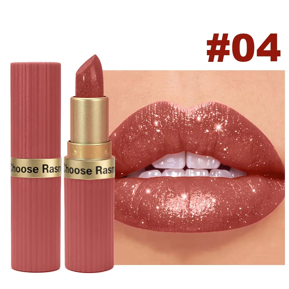Pearlescent Pink Glitter Velvet Lipstick Metallic Waterproof Long Lasting Matte Shimmer Diamond Lipstick Women Makeup Cosmetic Beauty World Shop