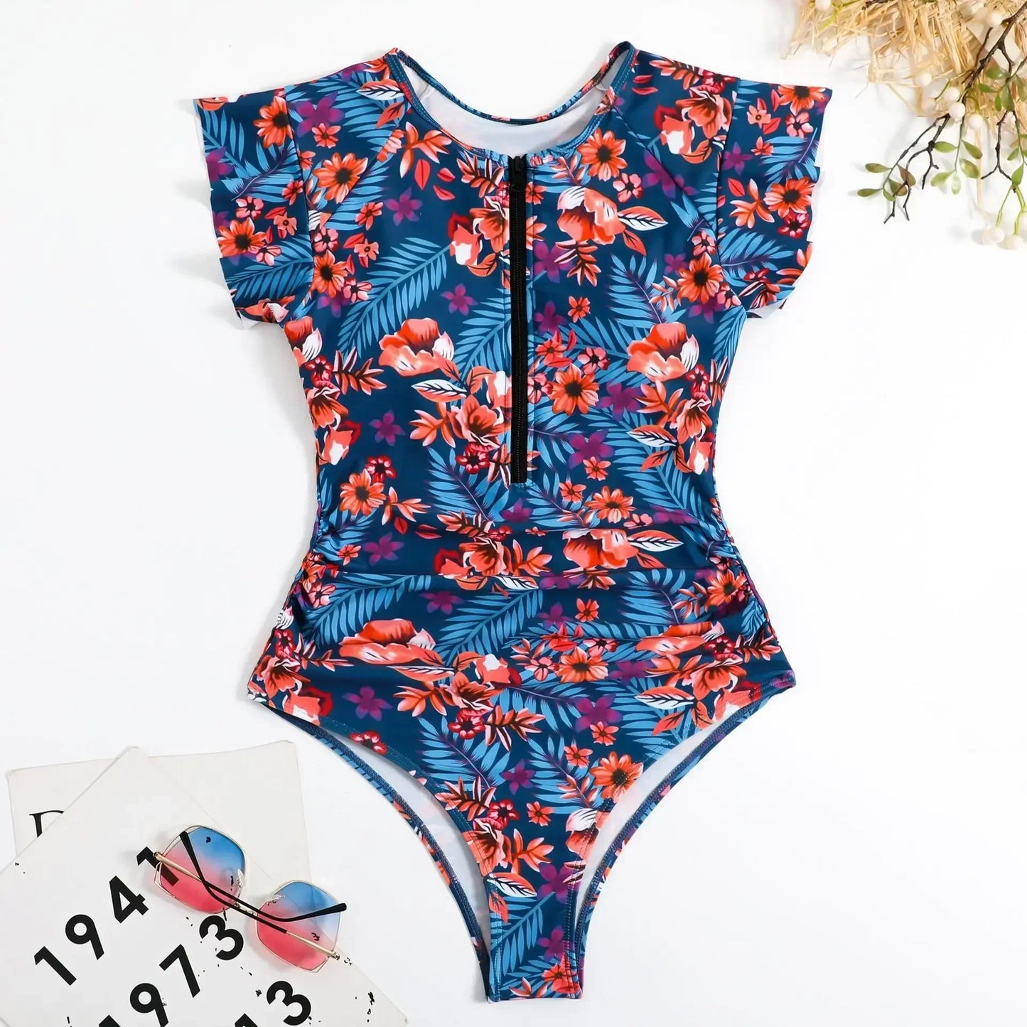 2024 Fashion Short Dress One-piece Swimsuit Zipper Swimsuit Sexy Bikini Women's Thickened Printed Swimming Beach Wear Summer Beauty World Shop