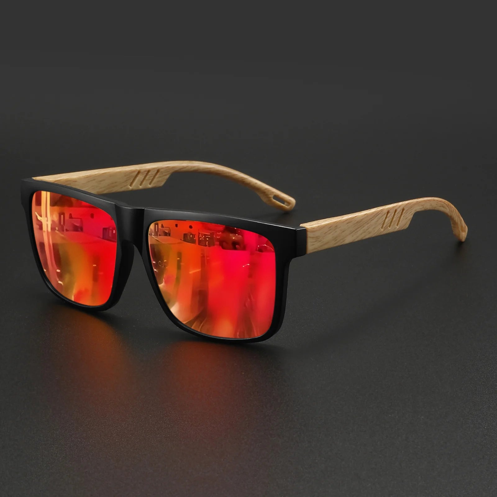 New Fashion Square Sunglasses - Wood Grain Spring Hinge, UV400 Unisex for Driving, Hiking & Travel Beauty World Shop