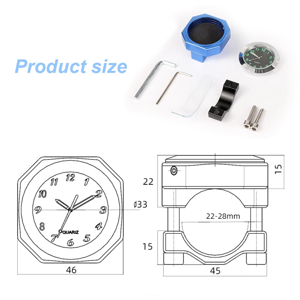 Aluminum Luminous Quartz Watch 22-28mm Motorcycle Scooter Bicycle Handlebar Mount Clock Time Display Clock Moto Accessories Beauty World Shop