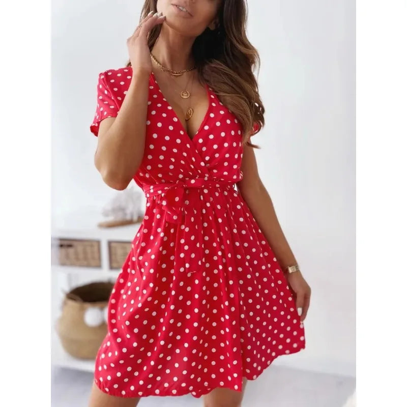 Summer Women's Polka Dot Printed Short Sleeved Casual Dress Fashionable V-neck Belt Commuting Dress Holiday Party Women's Dress Beauty World Shop