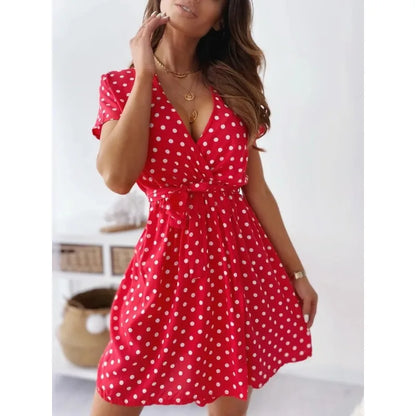 Summer Women's Polka Dot Printed Short Sleeved Casual Dress Fashionable V-neck Belt Commuting Dress Holiday Party Women's Dress Beauty World Shop