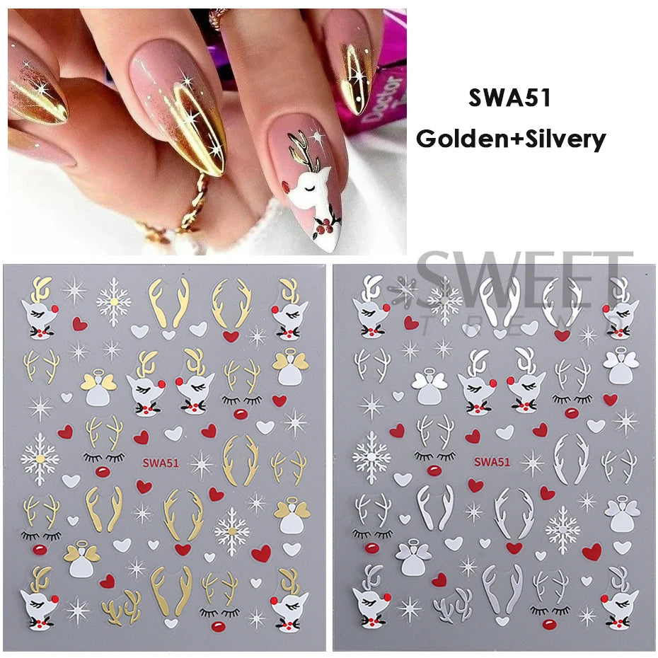 2pcs Gold Silver Christmas 3D Nail Stickers Reflective Glitter Xmas Tree Gingerbread Snowflakes Adhesive Decals Winter Manicure Beauty World Shop