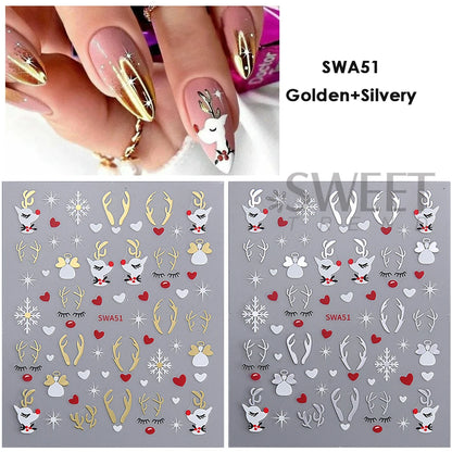 2pcs Gold Silver Christmas 3D Nail Stickers Reflective Glitter Xmas Tree Gingerbread Snowflakes Adhesive Decals Winter Manicure Beauty World Shop