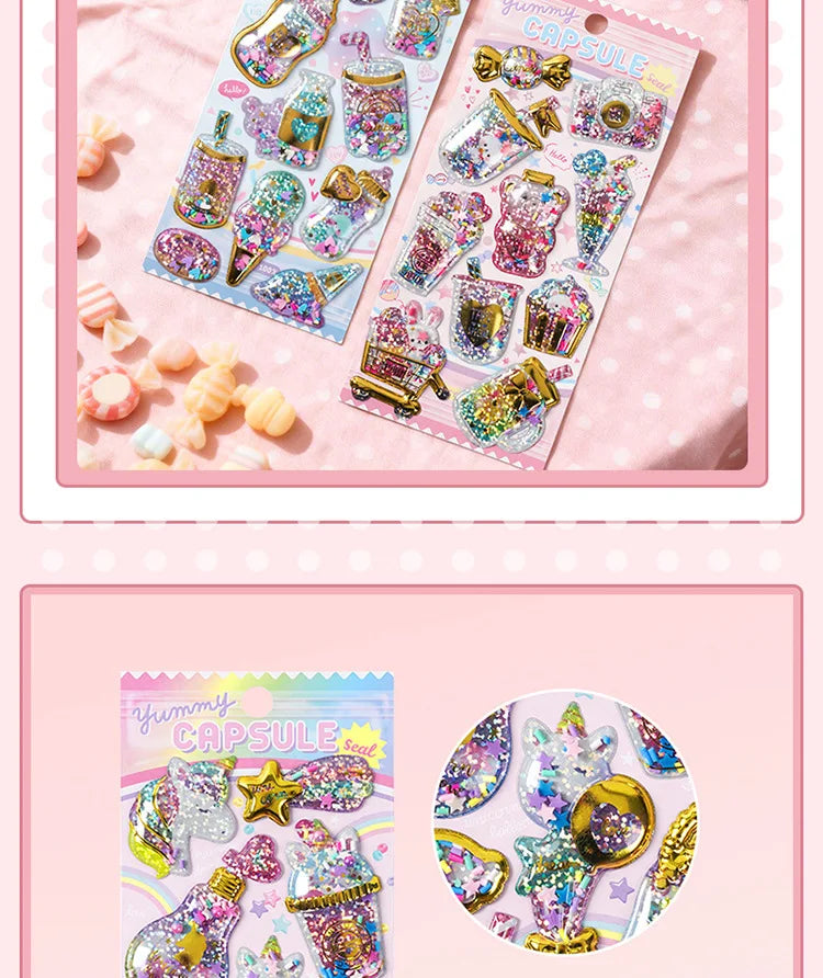 Kawaii Capsule Sparkling 3D Stickers Scrapbooking Diy Journal Stationery Sticker Cute Deco Art School Supplies Beauty World Shop