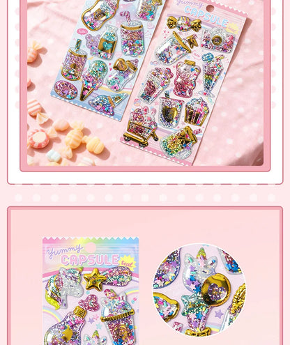 Kawaii Capsule Sparkling 3D Stickers Scrapbooking Diy Journal Stationery Sticker Cute Deco Art School Supplies Beauty World Shop