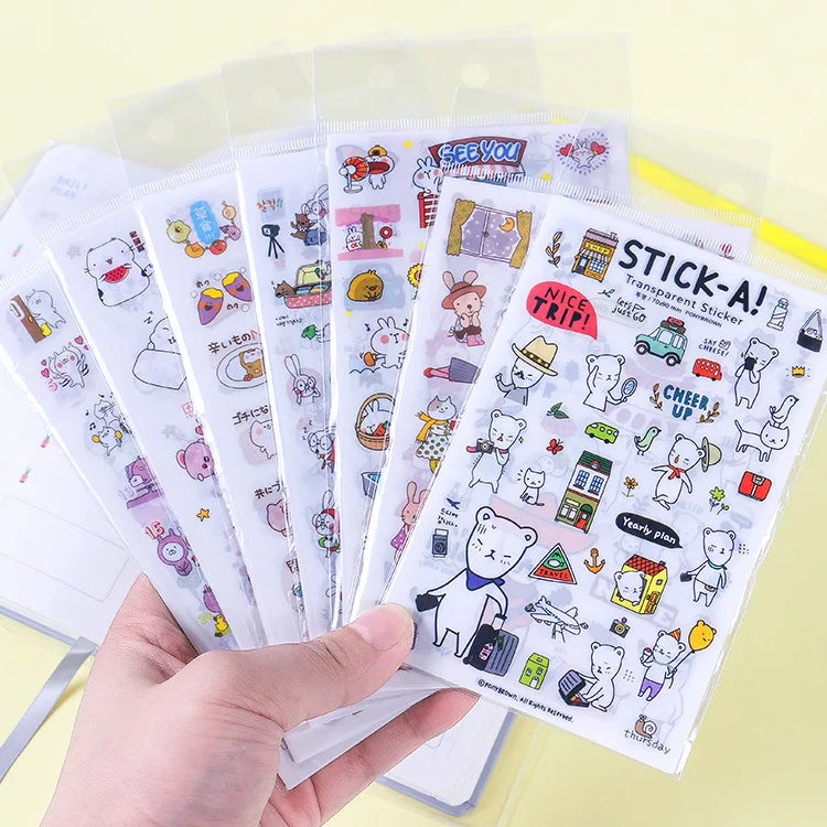 6Pieces/Set Transparent Pvc Waterproof Cartoon Sticker DIY Hand Account Decorative Stickers Kawaii Phone Cup Stickers Beauty World Shop