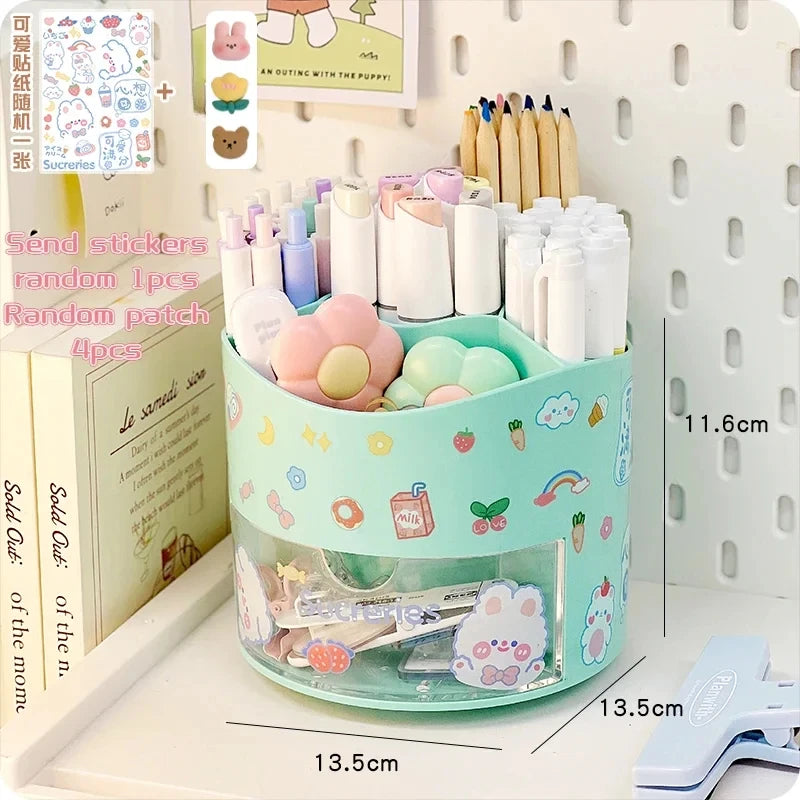 Cute Rotating Pen Holder Desktop Drawer Stationery Box Case School Office Desk Kawaii Stationery Storage Box Organizer Stickers Beauty World Shop