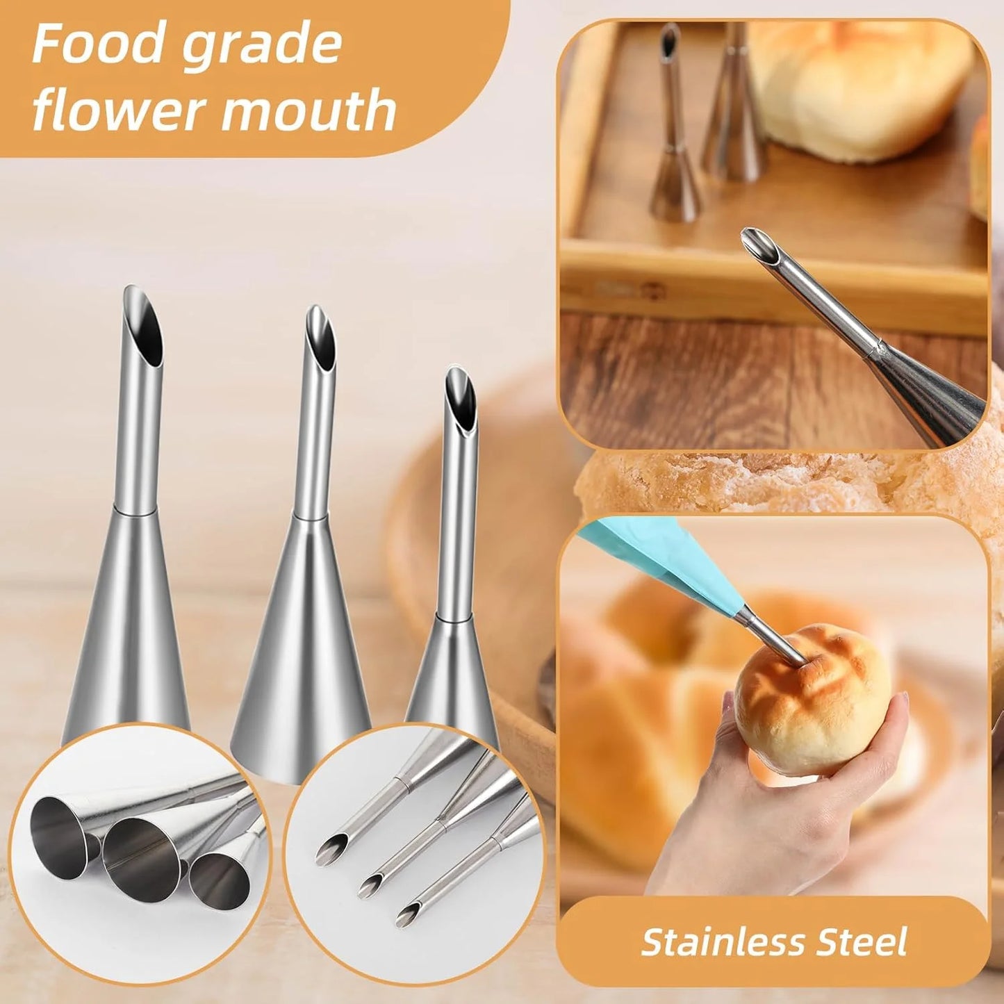 4Pcs Puff Pastry Piping Nozzle Set, Stainless Steel Decorating Tips for Cake Cupcake Cookie Cream Icing, Baking Tools for  Baker Beauty World Shop