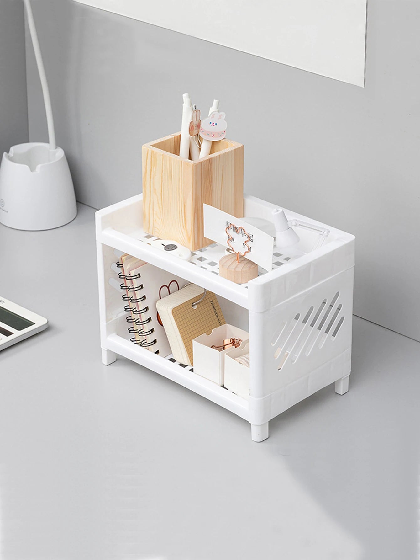 1PC PP Desktop Double Layer Storage Rack Rectangular White Organizing Student Desk Office Cosmetics Stationery Beauty World Shop