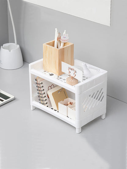 1PC PP Desktop Double Layer Storage Rack Rectangular White Organizing Student Desk Office Cosmetics Stationery Beauty World Shop