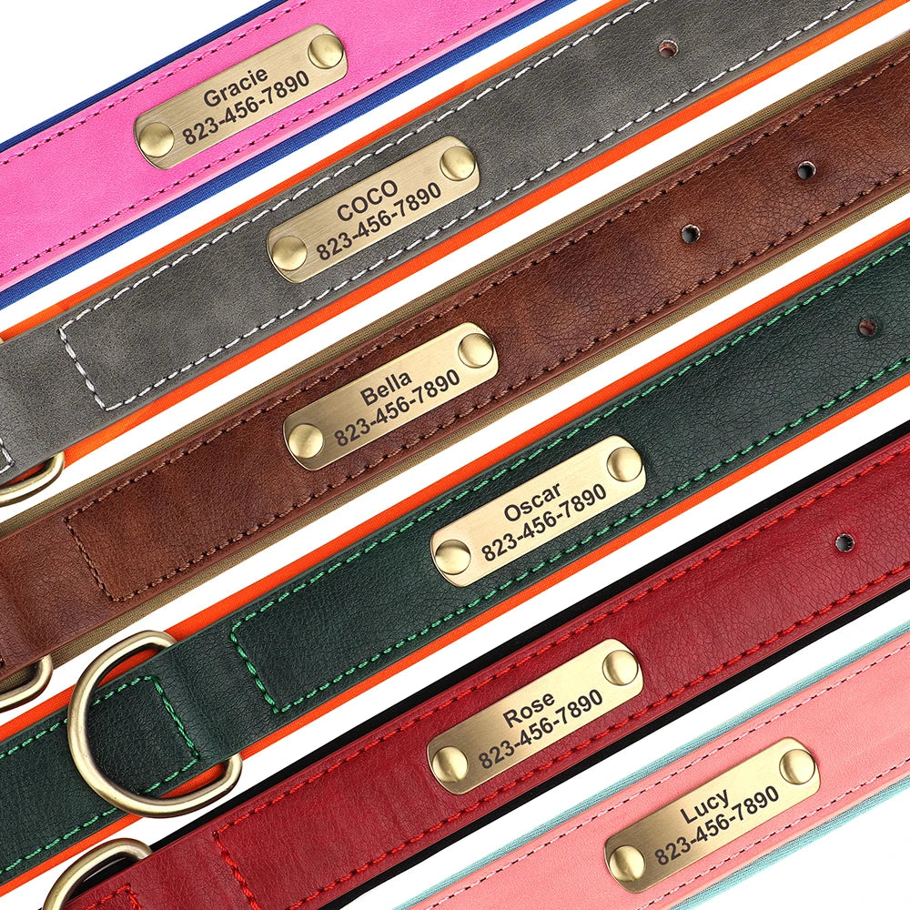 Custom ID Name Dog Collar PU Leather Dogs Collars Adjustable Pet Necklace Padded for Small Medium Large Dogs Pug Free Engraving