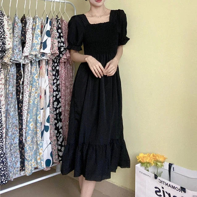 Spring Summer Elastic Waist Chiffon Dress Women Casual Dresses Fashion Female  Vestidos Short Sleeve Pleated A-line Dresses Beauty World Shop