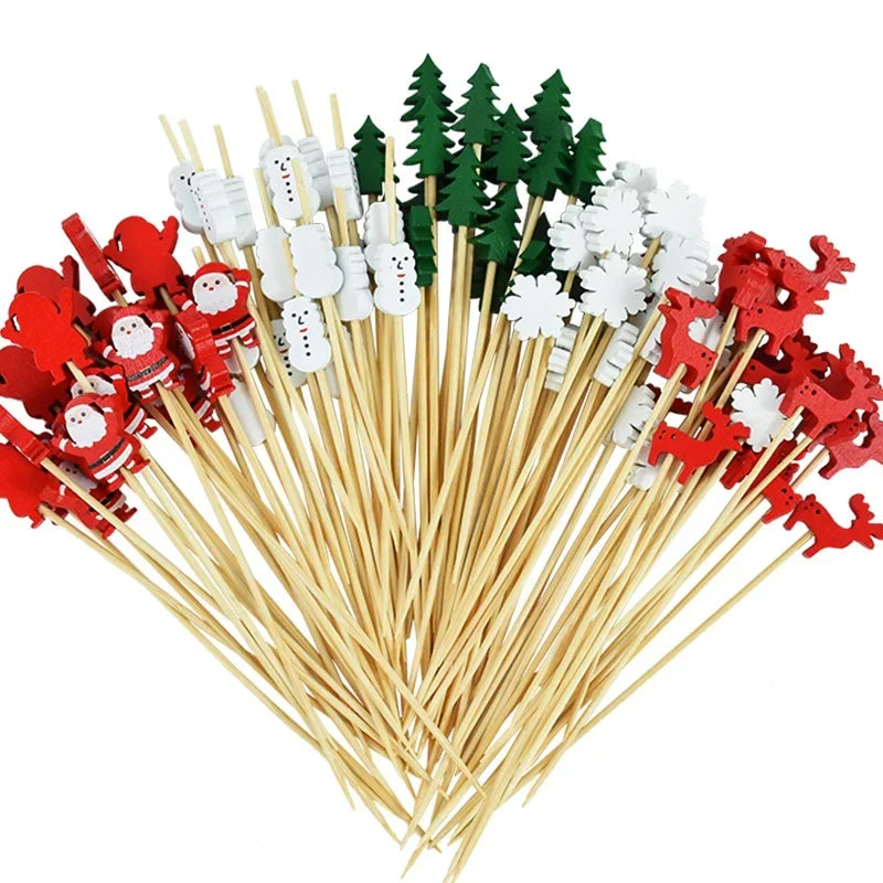 100Pcs Christmas Bamboo Skewer Cocktail Picks Cupcake Topper Disposable Food Dessert Toothpicks Fruit Sticks Party Supplies Beauty Trend Shop
