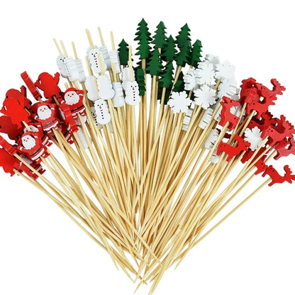 100Pcs Christmas Bamboo Skewer Cocktail Picks Cupcake Topper Disposable Food Dessert Toothpicks Fruit Sticks Party Supplies Beauty Trend Shop