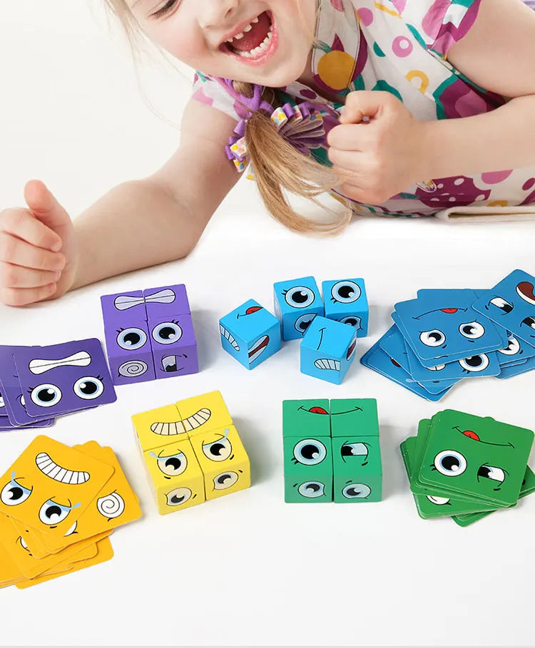 Kids Emotions Expression Game Wooden Cube Face Changing Board Cartoon Puzzle Toy Montessori Thinking Challenge Games Beauty Fashion