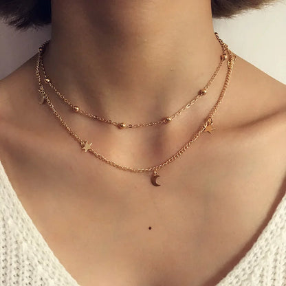2025 New Fashion 2 Layer Star Moon Clavicle Chain Choker Necklace For Women Girl Party Jewelry Birthday Gifts Beauty World Shop