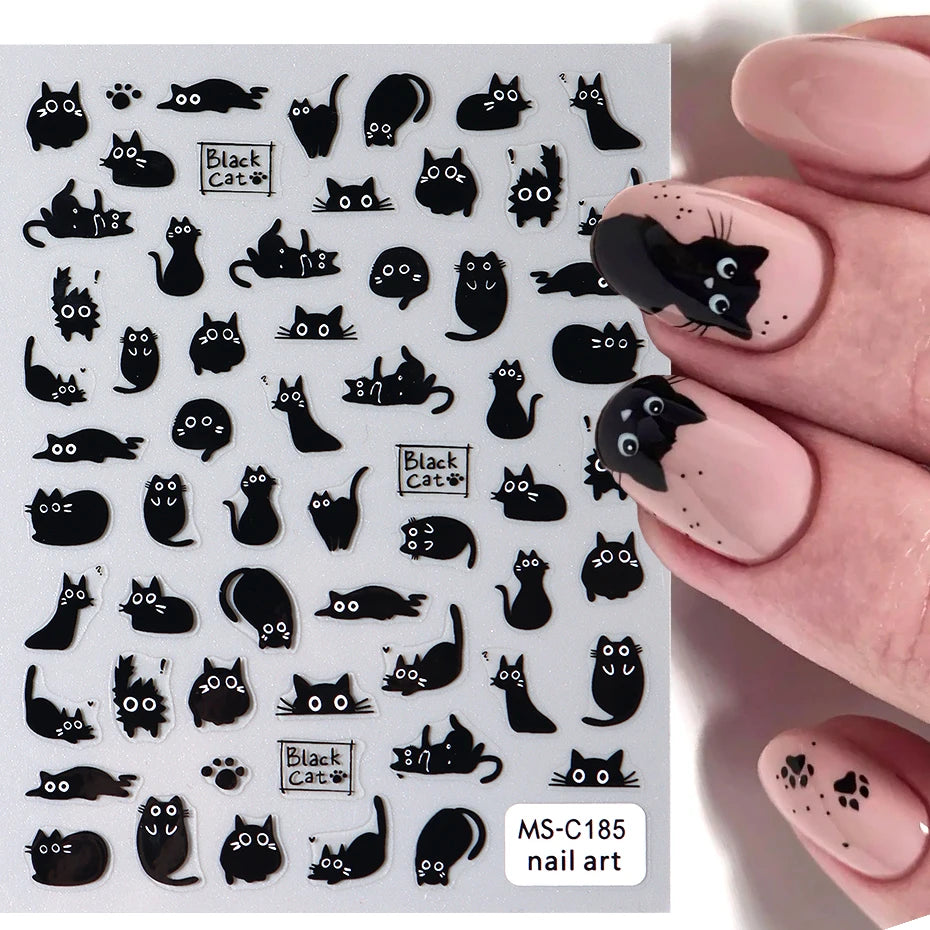 2pcs Black Cat Nail Stickers 3D Cute Cartoon Animal 3D Self-Adhesive Nail Art Decals Sliders Decorations Manicure Accessories Beauty World Shop