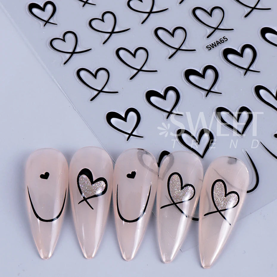 3pcs Valentine's Day Nail Art Stickers 3D Black White Pink Lines Love Heart Nail Decals DIY Adhesive Slider Manicure Decorations Beauty World Shop