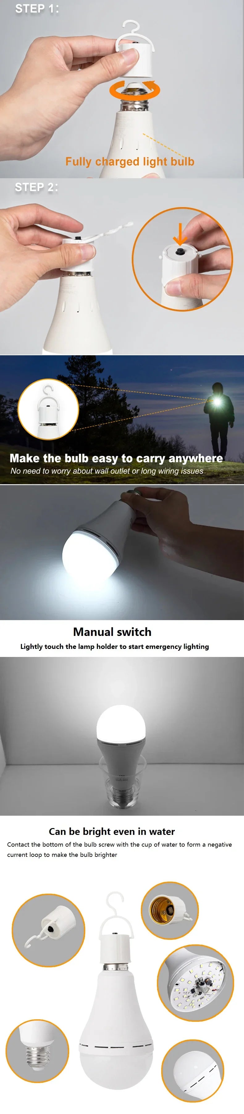 LED Rechargeable Light Bulb 7w 9w 12w 15w 85-265V Emergency Bulb Portable Hanging Camping Lamp for Tent Home Power Failure Porch Beauty World Shop