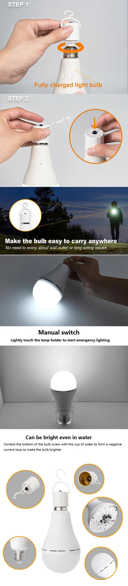LED Rechargeable Light Bulb 7w 9w 12w 15w 85-265V Emergency Bulb Portable Hanging Camping Lamp for Tent Home Power Failure Porch Beauty World Shop