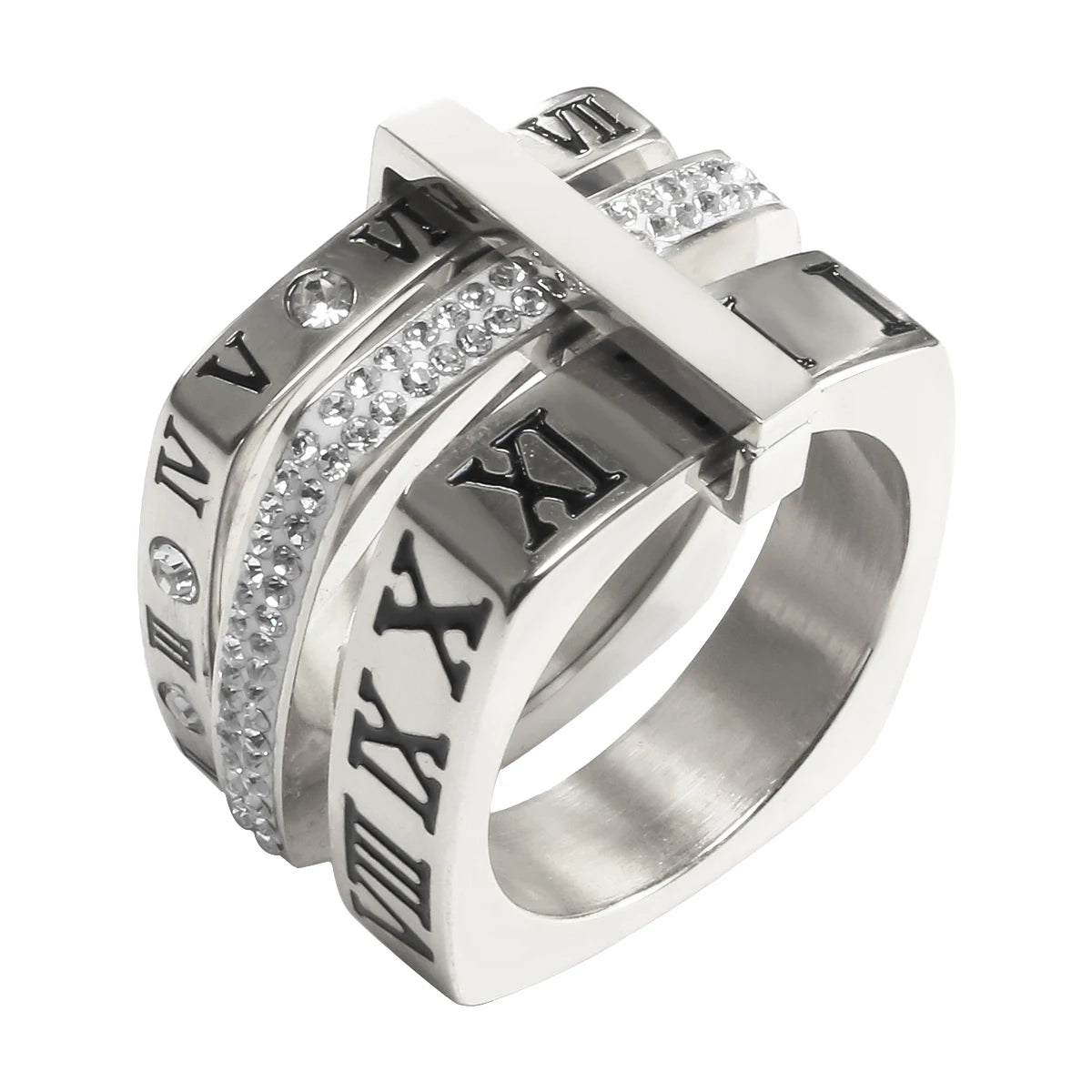 Three Layers Roman Numerals Ring for Women Luxury Stainless Steel Rotatable Crystal Finger Rings Female Wedding Trendy Jewelry Beauty World Shop