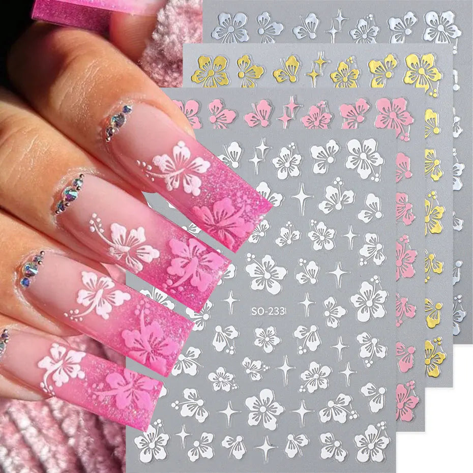 4pcs Hibiscus Flower Nail Art Sticker 3D White Pink Floral Decal Y2K Gold Silver Petal DIY Romantic Self-Adhesive Manicure Decor Beauty World Shop