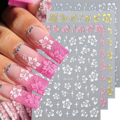 4pcs Hibiscus Flower Nail Art Sticker 3D White Pink Floral Decal Y2K Gold Silver Petal DIY Romantic Self-Adhesive Manicure Decor Beauty World Shop