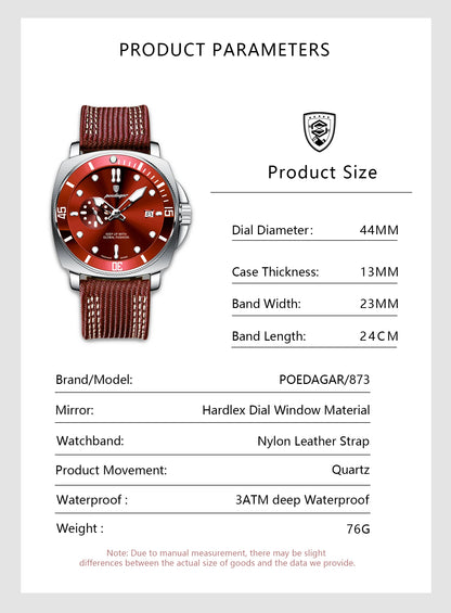 POEDAGAR Luxury Fashion Man Watch Luminous Waterproof Date Sport Watches For Men Nylon Leather Quartz Business Men's Clock Reloj Beauty World Shop