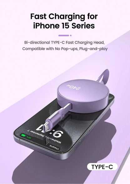 USB-C to USB-C Retractable PD240W Fast Charging Type-C Data Cable 1M Mobile Phone Charging Wire for iPhone 15/16 Xiaomi Samsung Beauty World Shop