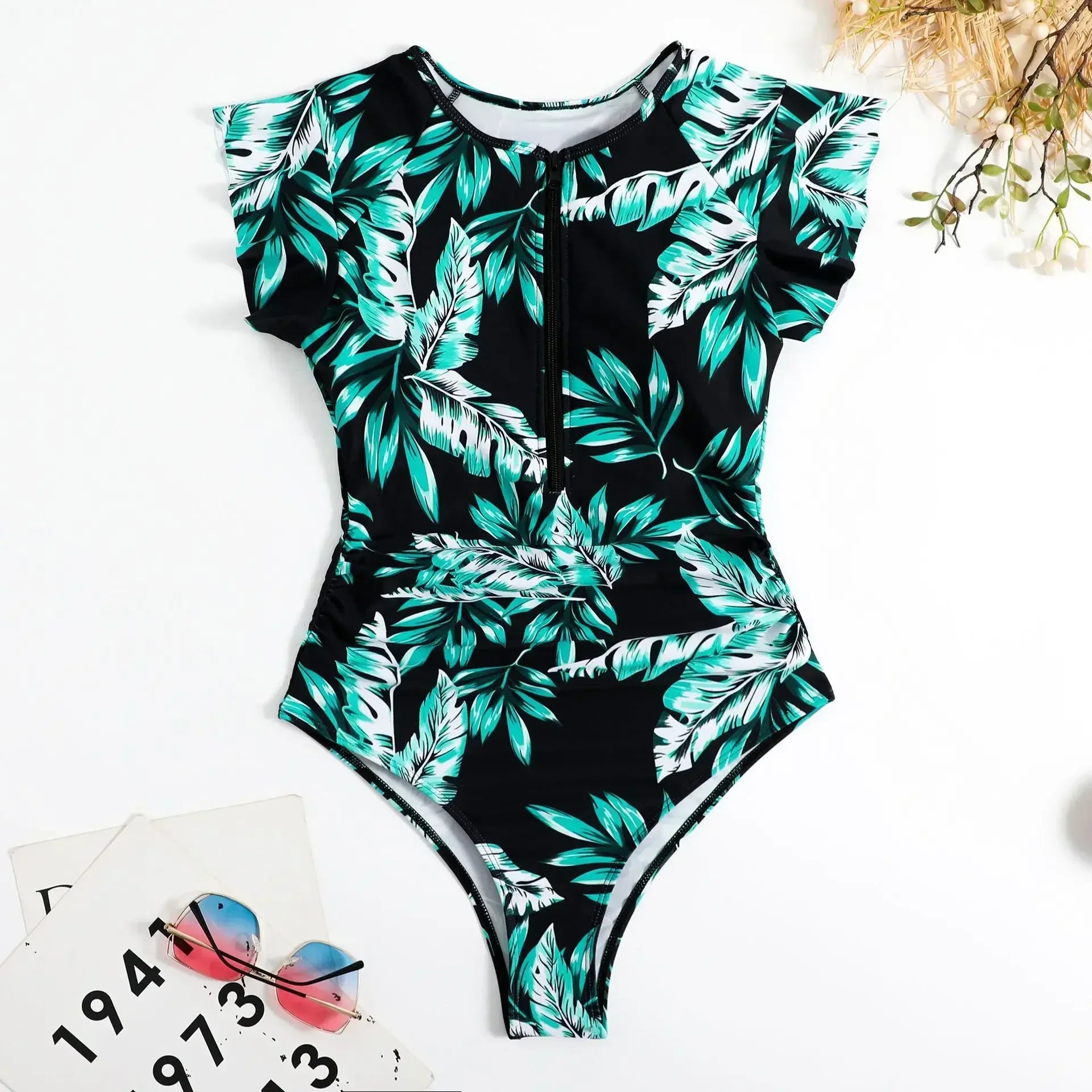 2024 Fashion Short Dress One-piece Swimsuit Zipper Swimsuit Sexy Bikini Women's Thickened Printed Swimming Beach Wear Summer Beauty World Shop