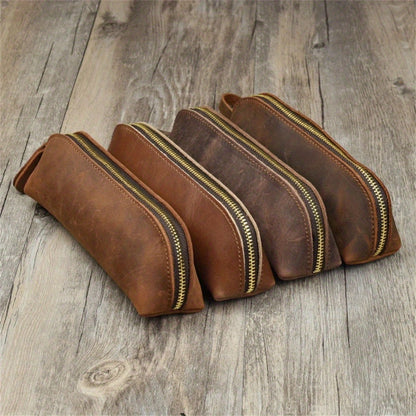 Vintage Leather Pencil Bag Simple Stationery Hoder Pen Case Storage Bag Zipper Pencil Pouch Glasses Box School Supplies Beauty World Shop
