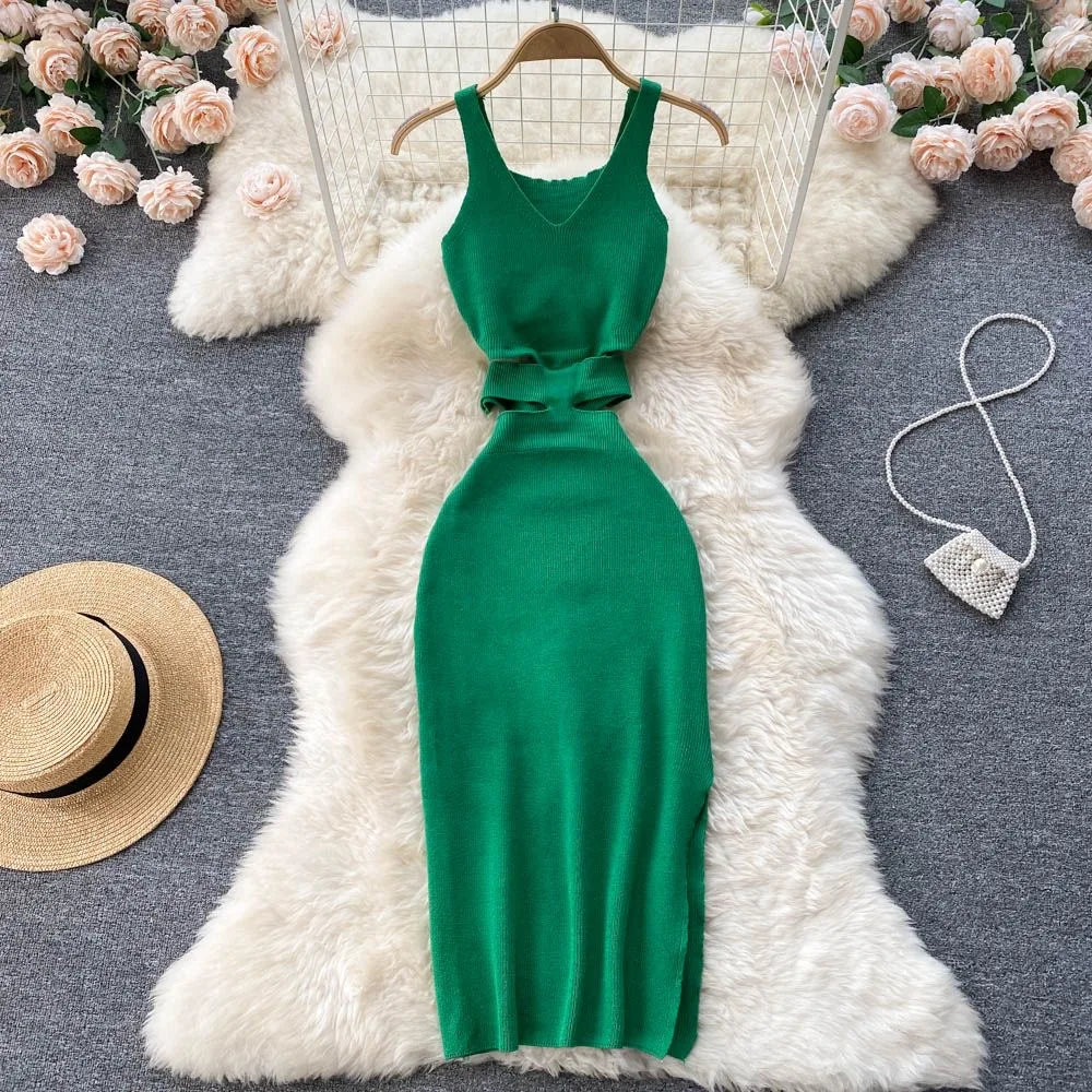 YuooMuoo Women Dress Sexy Cut Out Waist Package Hips Split Bodycon Dress Summer Fashion Lady Knitted Party Vestidos Sundress Beauty World Shop