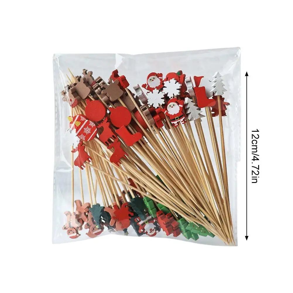 100Pcs Christmas Bamboo Skewer Cocktail Picks Cupcake Topper Disposable Food Dessert Toothpicks Fruit Sticks Party Supplies Beauty Trend Shop