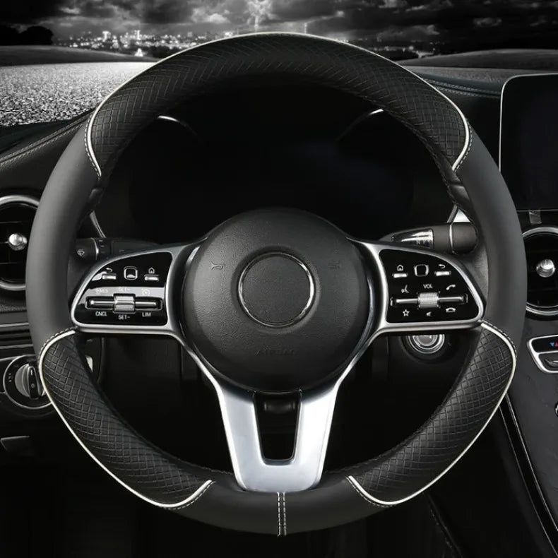 All Seasons Leather Diamond Steering Wheel Cover Universal Fit for 14 .5-15 Inch Durable Leather Cover Anti-Slip Veins Design Beauty World Shop