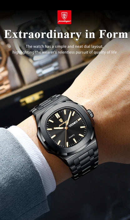 POEDAGAR Square Luxury Men's Wristwatch Luminous Waterproof Stainless Steel Male Clock Week Date Original Quartz Watches For Men Beauty World Shop