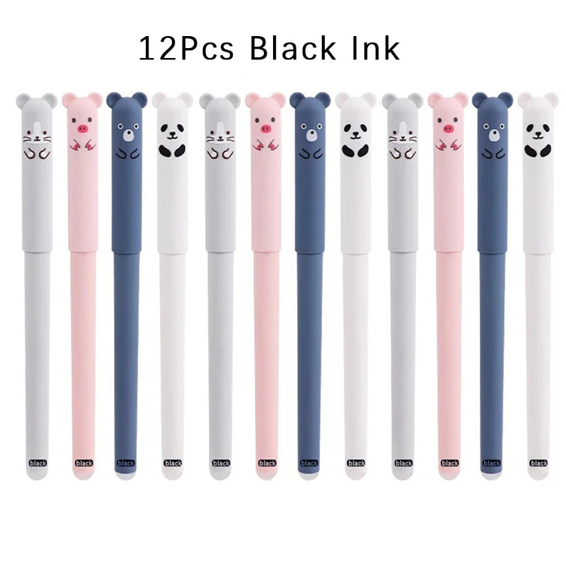 12pcs Animals Panda Erasable Gel Pen 0.5mm Blue Black Erasable Pen Refills Rods Washable Handle School Supplies Stationery Beauty World Shop