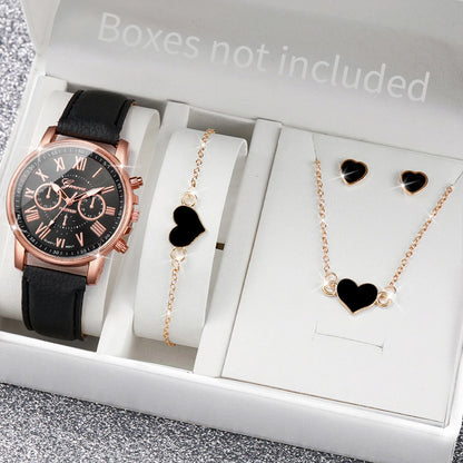 5/6PCS Fashion Women's Quartz Watch Leather Band Analog Wrist Watches Heart Rhinestone Jewelry Set(Without Box) Beauty World Shop