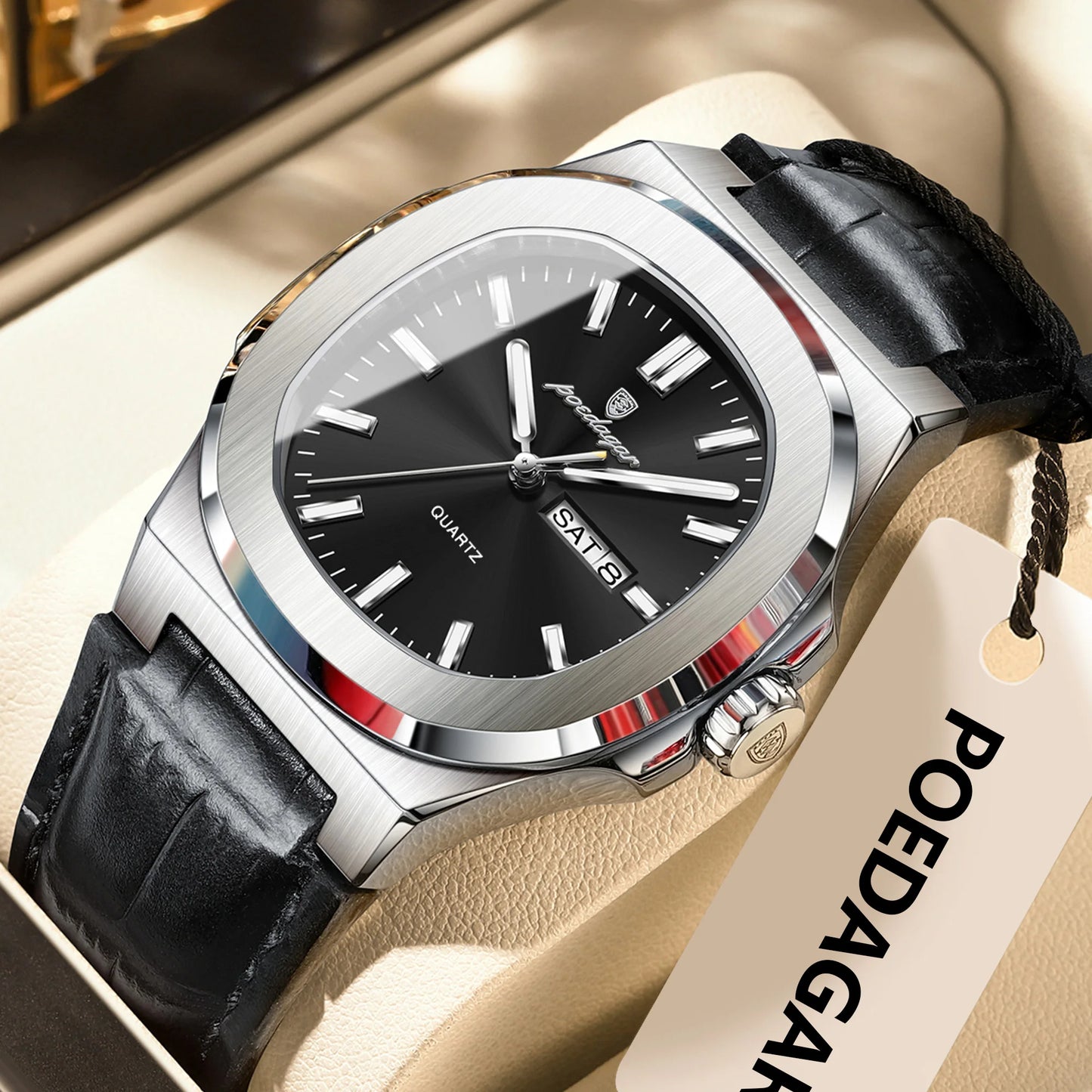 POEDAGAR Square Wristwatch For Men Luminous Waterproof Week Calendar Luxury Man Clock Leather Quartz Fashion Men's Watches Reloj Beauty World Shop