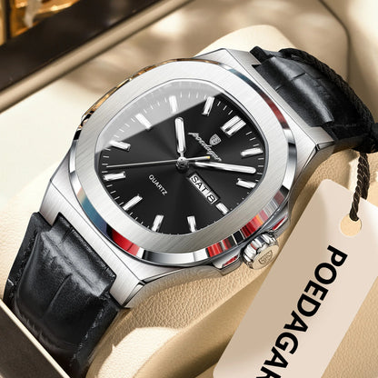 POEDAGAR Square Wristwatch For Men Luminous Waterproof Week Calendar Luxury Man Clock Leather Quartz Fashion Men's Watches Reloj Beauty World Shop
