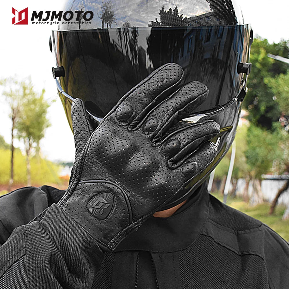 With CE Approved Summer Retro Perforated Leather Motorcycle Gloves Men Women Full Finger Motocross Dirt Biker Glove Guantes Moto Beauty World Shop