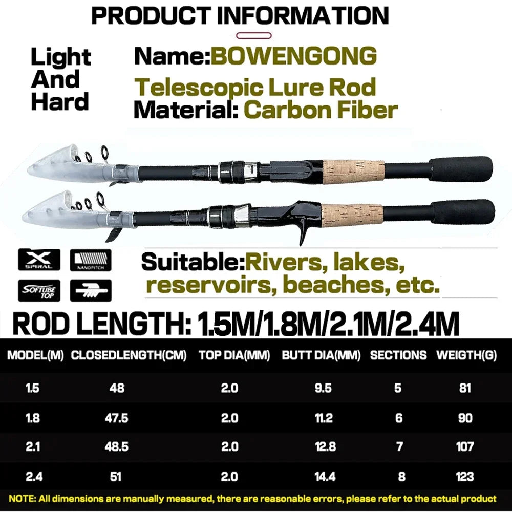 Telescopic Lure Rod 1.5M 1.8M 2.1M 2.4M Carbon Spinning Rod Baitcasting Fishing Pole 8g-25g Wooden Handle Casting Fishing Tackle Beauty Trend Shop