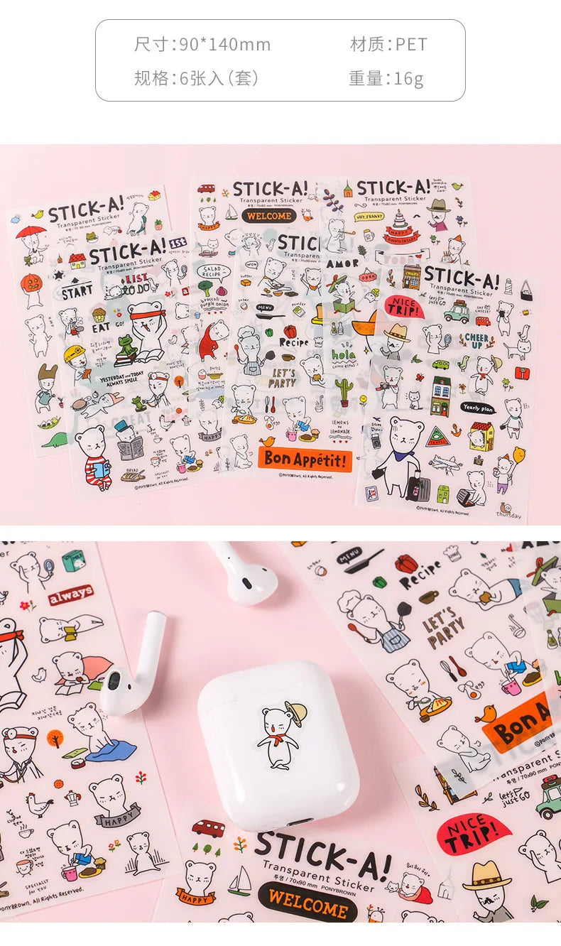 6Pcs/Lot Waterproof Cartoon Transparent Pvc Stickers DIY Hand Account Diary Decorative Stickers Kawaii Phone Cup Stickers Beauty World Shop