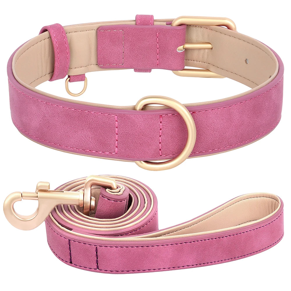 Soft Padded Dog Collar Leash Set PU Leather Pet Dog Collars Necklace With Walking Lead Rope Adjustable For Small Medium Dogs Pug Beauty World Shop