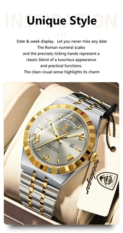 POEDAGAR Fashion Business Men's Watch Luminous Waterproof Week Date Luxury Man Wristwatch Stainless Steel Quartz Watches For Men Beauty World Shop