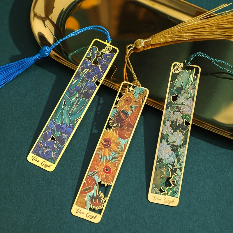 Vintage Oil Painting Metal Bookmarks - Hollow Hot Stamping Long Tassel Bookmarks - Stationery Gifts for Book Clubs, Book Lovers, Beauty World Shop